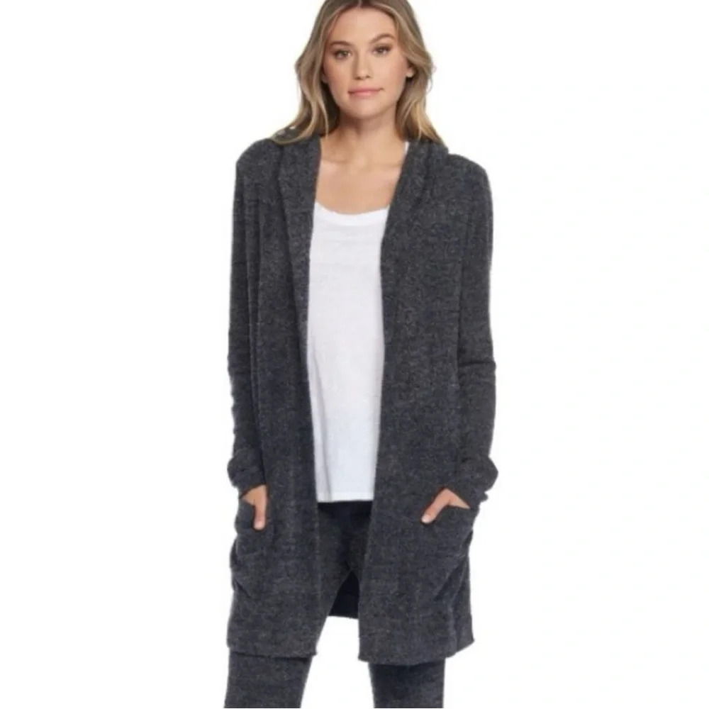 Barefoot Dreams CozyChic Lite Resort Knit Longsleeve Cardigan Hooded Gray Size L
